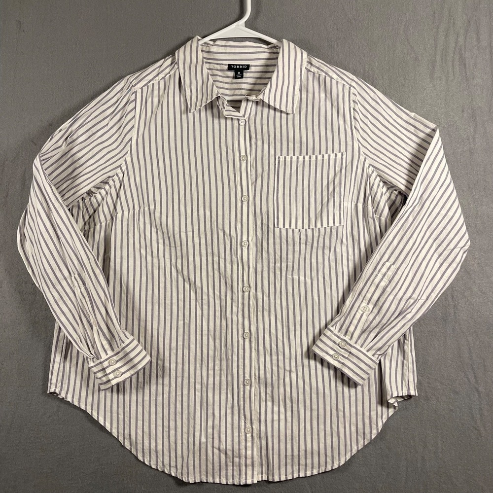 Torrid Women's Size 0 Striped Button Down Shirt Gray White Cotton Oversized